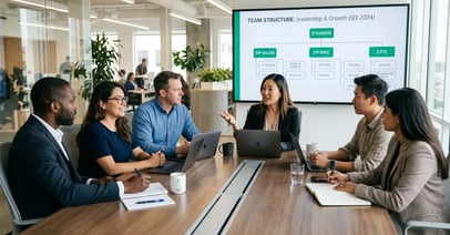 SaaS founder mid-conversation with newly hired leadership team of five executives reviewing org chart on screen