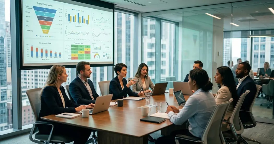 B2B SaaS revenue operations team reviewing an MQL-to-SQL handoff dashboard with qualification funnel stages and sales acceptance rate trends