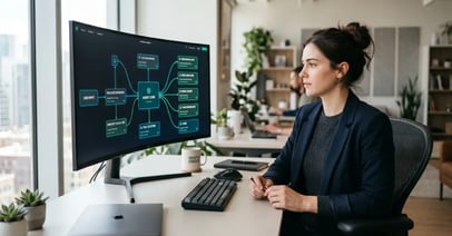 A professional watching an n8n AI agent workflow run on a monitor, the screen showing an agent node connected to a model, memory, and tools