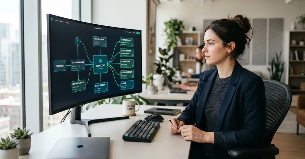 A professional watching an n8n AI agent workflow run on a monitor, the screen showing an agent node connected to a model, memory, and tools