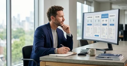 B2B technical decision-maker comparing several automation platform options on screen, evaluating the best n8n alternatives in 2026