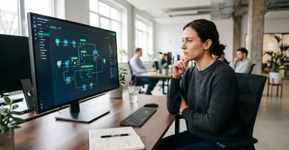 An automation engineer evaluating a node-based workflow automation platform on a monitor showing connected nodes