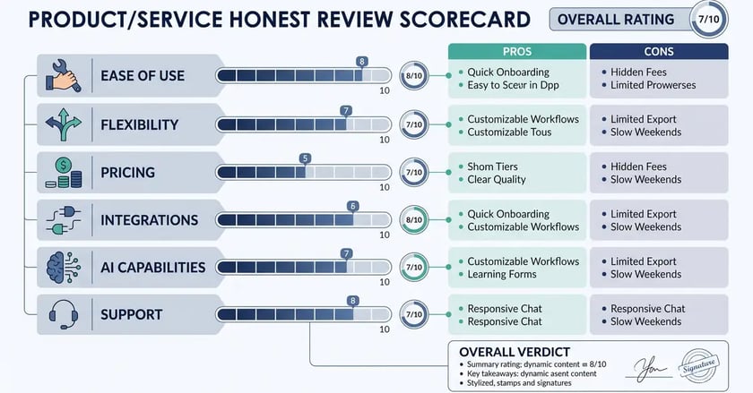 An n8n review scorecard rating ease of use, flexibility, pricing, integrations, AI capabilities and support