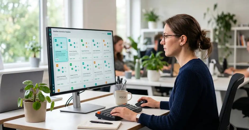 A professional browsing a grid of pre-built n8n workflow template cards on a large monitor in a modern office