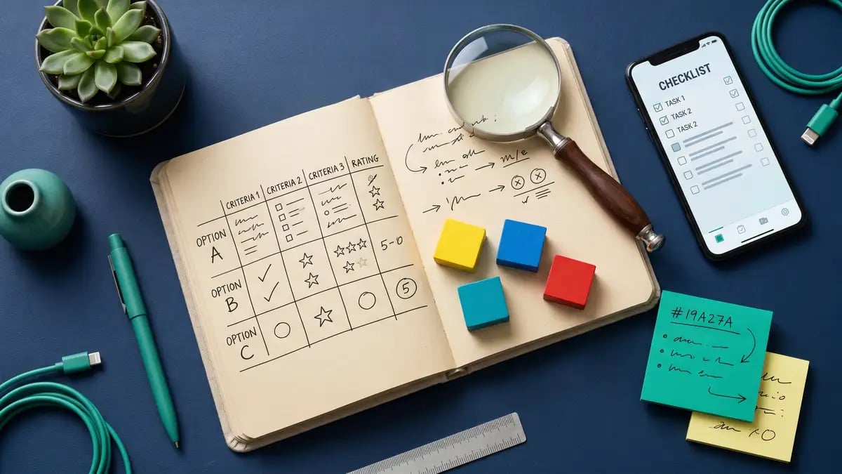 A tool-evaluation decision laid out with a comparison grid
