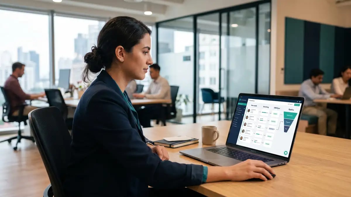 A sales operations professional watching automated lead enrichment and CRM updates flow into a pipeline