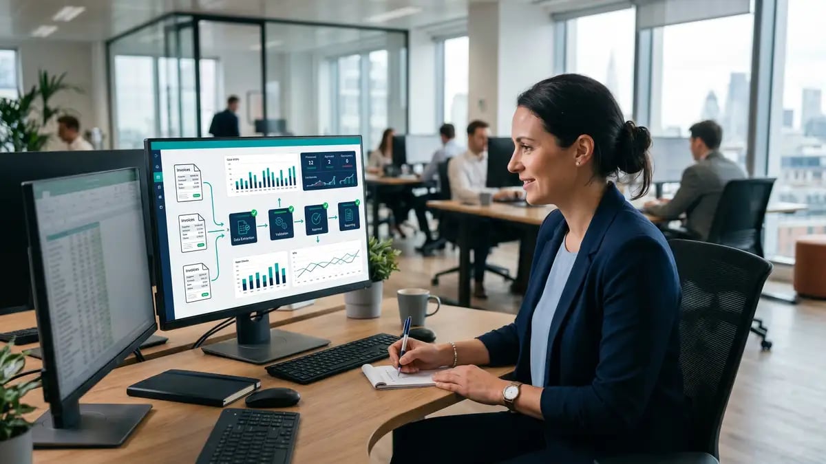 An operations manager reviewing an automated invoice processing and reporting workflow