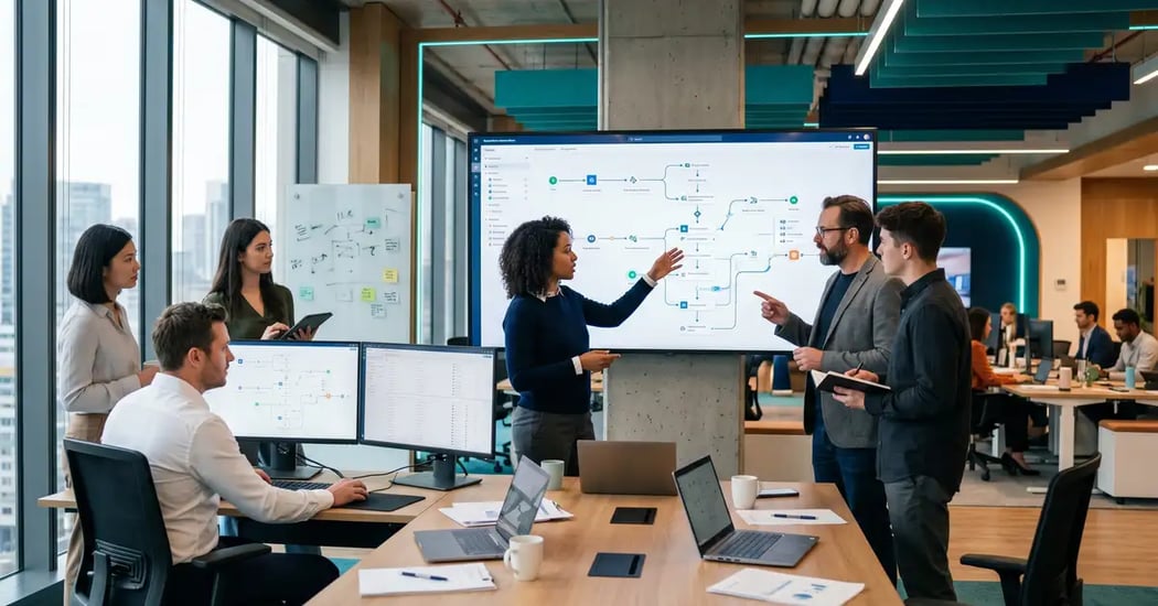 A B2B operations team reviewing multiple n8n automated workflows across departments on large monitors