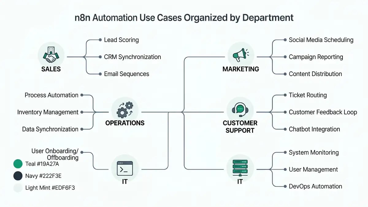 Infographic of n8n use cases grouped by department: sales, marketing, customer support, operations, and IT