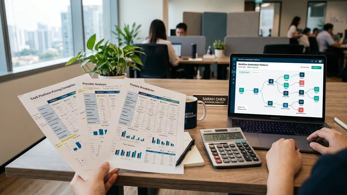 Business analyst comparing Zapier, Make, and n8n pricing sheets with a calculator and workflow dashboards