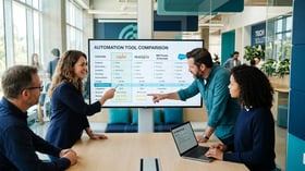 Small B2B team gathered around a screen comparing automation platform options