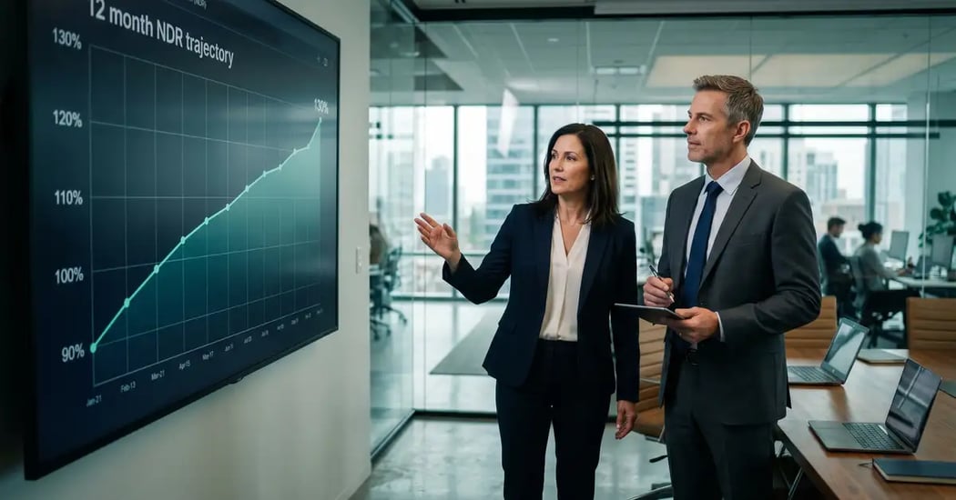 B2B SaaS CFO and CEO in a modern boardroom reviewing a 12-month NDR trajectory chart on a wall display, the curve rising from 90 percent to 130 percent