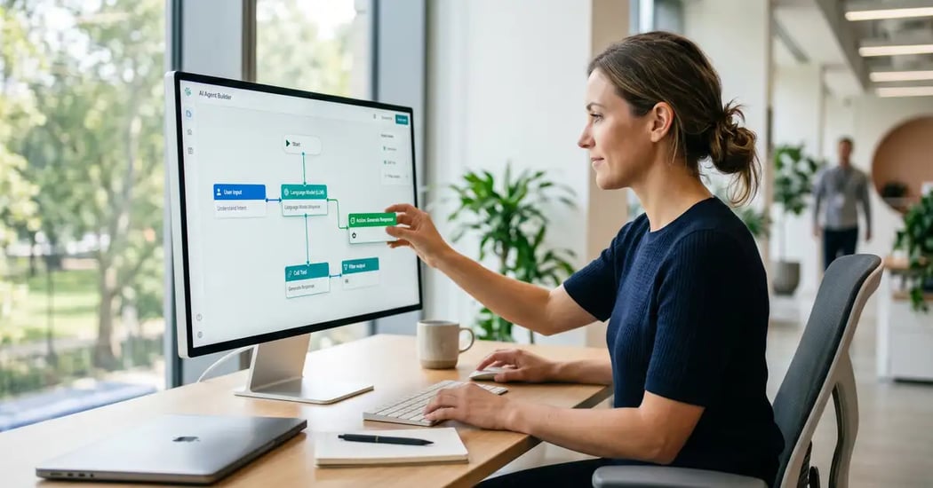 A non-technical professional building an AI agent visually by dragging blocks on a large monitor, no code visible