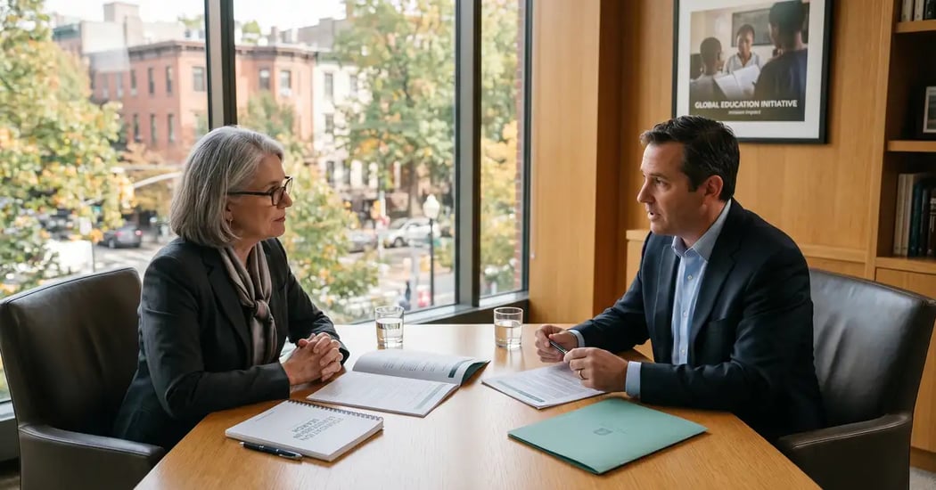 Senior non-profit executive search consultation in a warm contemporary foundation headquarters conference room reviewing candidate dossier and board materials