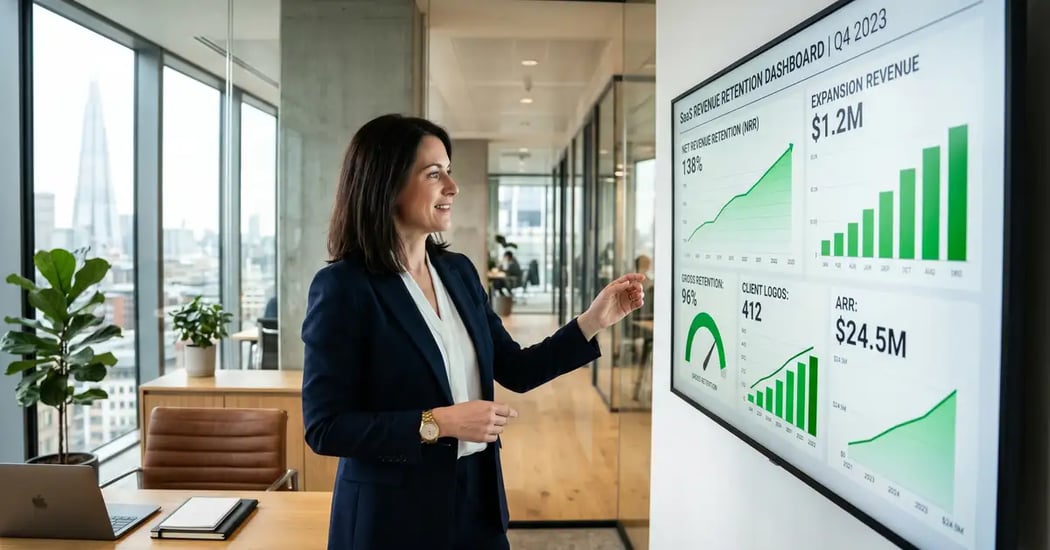 Mid-market B2B SaaS executive reviewing net revenue retention dashboard with cohort analysis and expansion revenue trends across customer segments