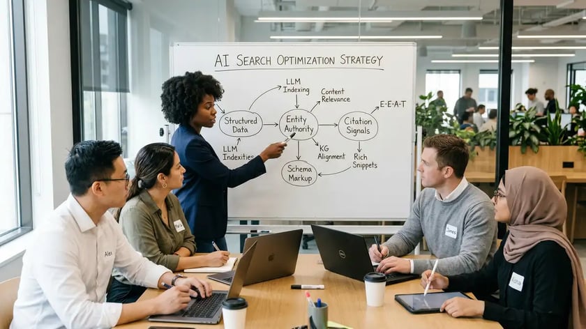 A team mapping an AI search optimization strategy on a whiteboard in a daylit office