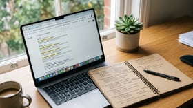 A laptop and a handwritten notebook page of content optimization notes on a desk by a window