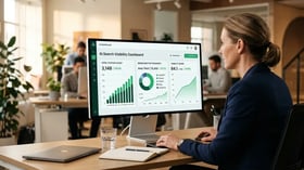 A marketer reviewing an AI search visibility dashboard showing citation counts and brand mention charts