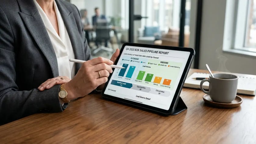 Executive reviewing B2B sales pipeline report showing outbound and inbound lead source attribution data on tablet
