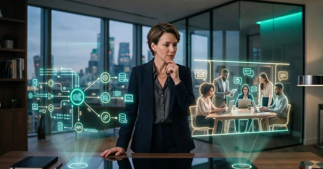 B2B executive weighing an outsource versus automate decision, a remote outsourced team on one path and an automated workflow system on the other
