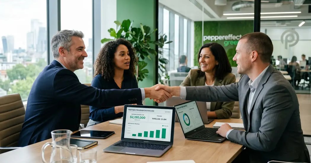 SaaS founders and partner managers shaking hands across conference table with partner ARR dashboards, peppereffect green accents