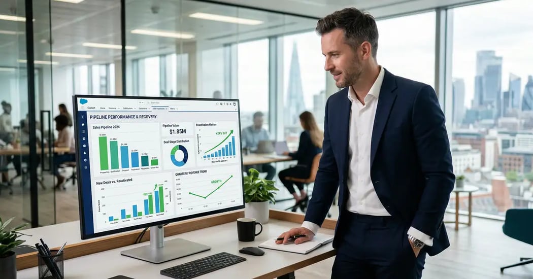 B2B sales executive reviewing CRM dashboard showing pipeline re-engagement analytics and deal reactivation metrics