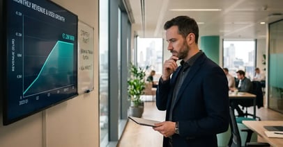 B2B founder facing a growth chart flattened into a plateau, deciding how to break through the $5M revenue ceiling