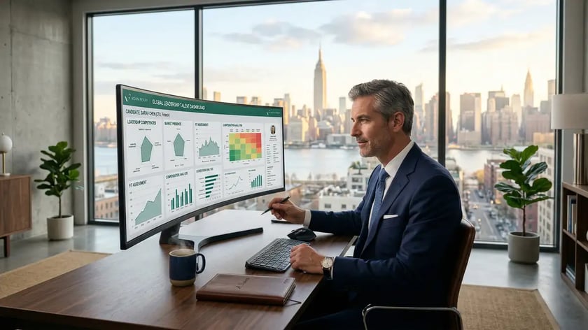 Executive search consultant in tailored navy suit analysing candidate dashboard on curved monitor with talent intelligence graphs