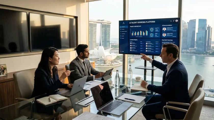 Small elite executive search team collaborating with AI sourcing software on wall-mounted screens in a premium boutique firm setting
