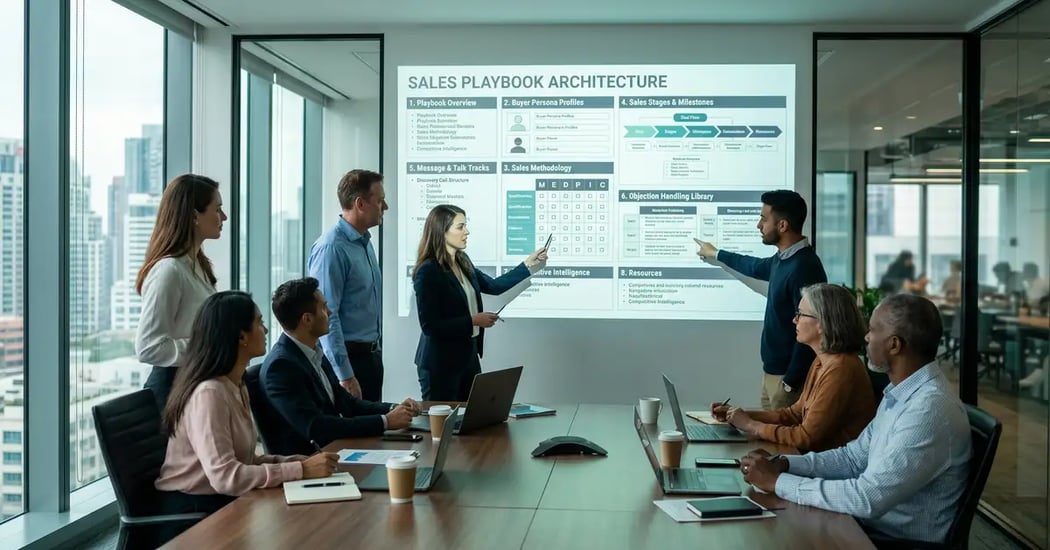 B2B SaaS CRO and sales enablement team in modern boardroom reviewing a sales playbook architecture with seven-section framework and MEDDPICC qualification matrix