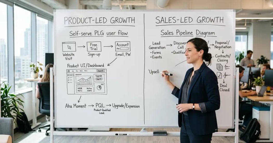 SaaS CEO at split whiteboard comparing product-led growth vs sales-led growth
