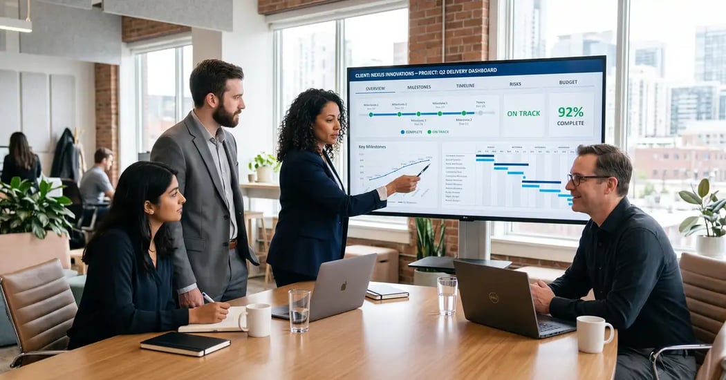 Boutique consulting team reviewing a client-project delivery dashboard, illustrating project management for consulting firms