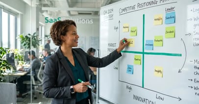 SaaS team architecting competitive positioning canvas with five components on whiteboard, peppereffect green accents