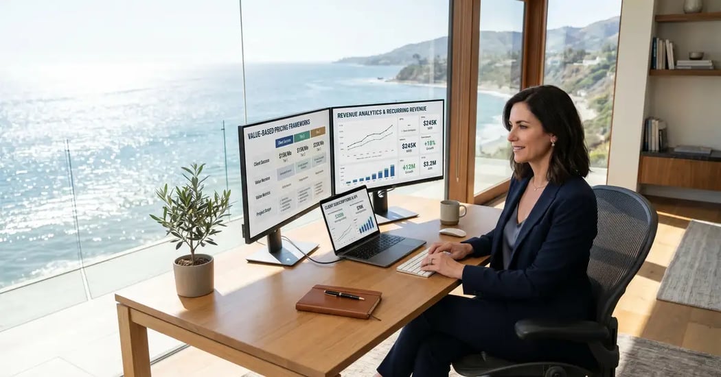 Premium consultant working from sleek modern home office overlooking ocean view with revenue analytics, recurring retainer subscriptions, and value-based pricing dashboards