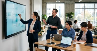 A B2B team documenting a business process together, capturing steps and a flow diagram on a screen