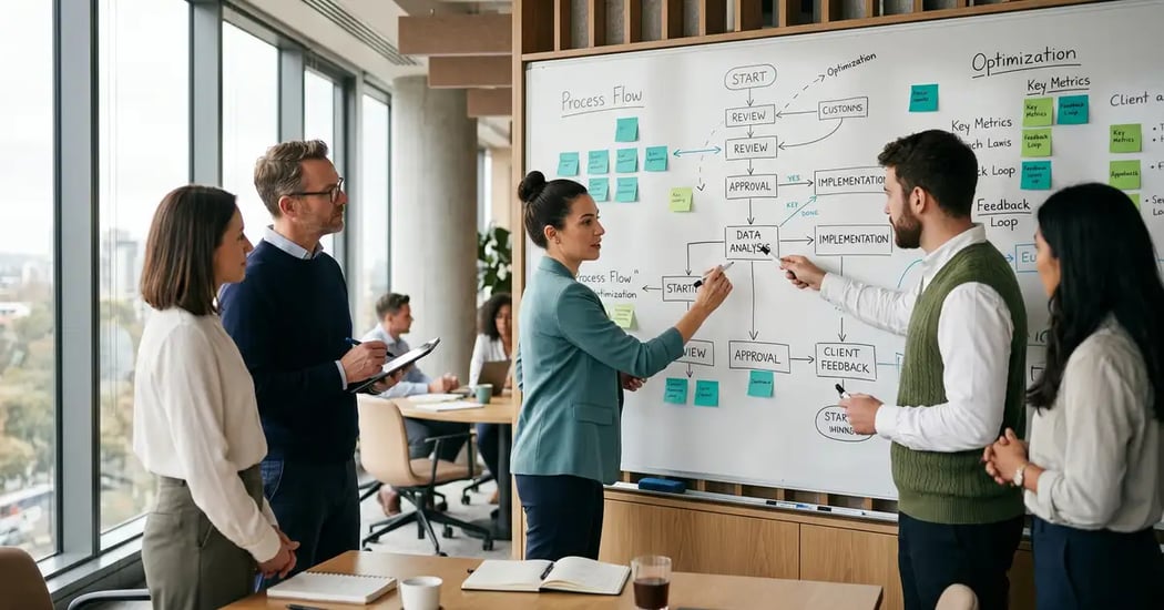 An operations team mapping a business process on a large whiteboard covered in flowchart boxes and arrows