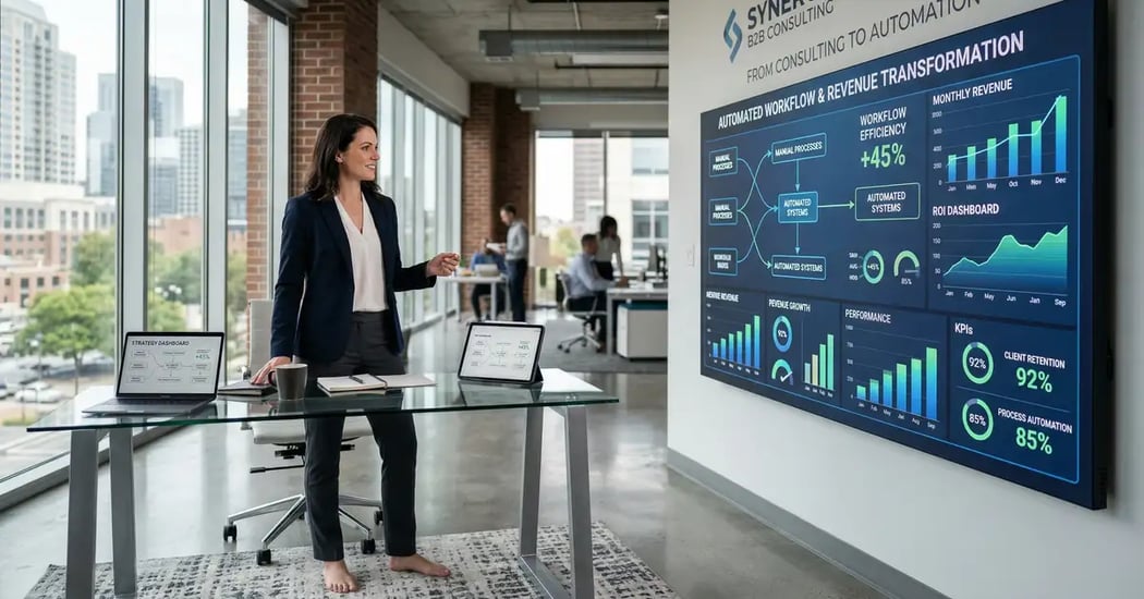 B2B consultant viewing automated workflow diagrams and revenue dashboards representing the transformation from manual consulting to productized systems