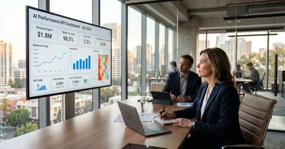 Professional B2B executive reviewing AI performance metrics and KPI dashboard for agentic automation systems