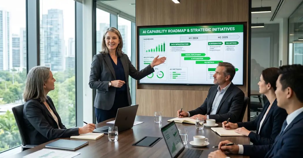 Professional fractional Chief AI Officer portrait in modern B2B executive strategic meeting environment