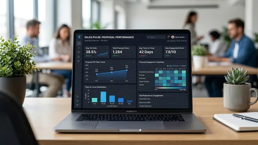B2B proposal automation analytics dashboard showing win rates, proposal velocity, and engagement metrics for sales teams
