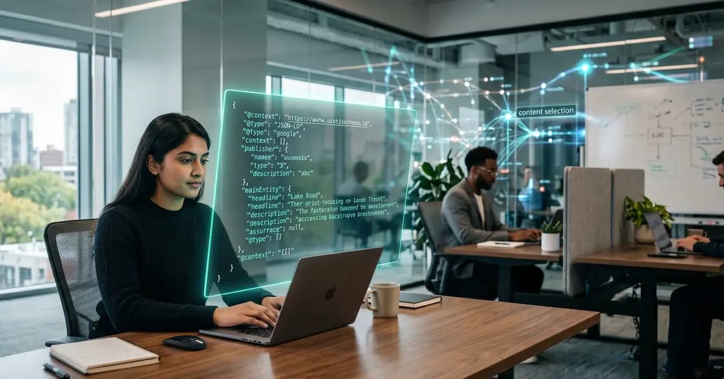 Schema markup JSON-LD structured data code for AI citation optimization displayed on developer screen with ChatGPT and Google AI Overviews browser tabs