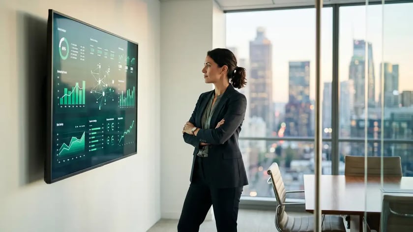 Marketing leader in business attire studies large monitor showing AI search visibility data visualizations for B2B vertical playbooks