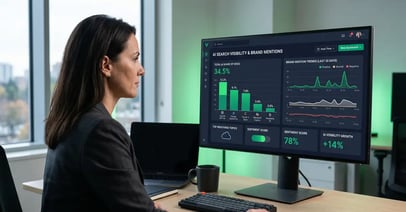 Data analyst reviews AI search visibility dashboard with ChatGPT, Perplexity, and Google AI Overviews citation metrics on multiple monitors for zero-click measurement