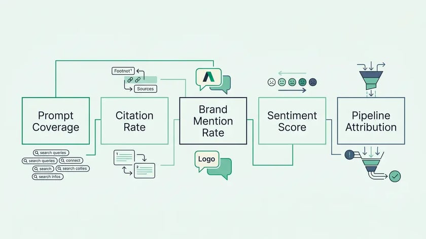 Five-layer AI search visibility measurement framework showing Prompt Coverage, Citation Rate, Brand Mention Rate, Sentiment Score, and Pipeline Attribution