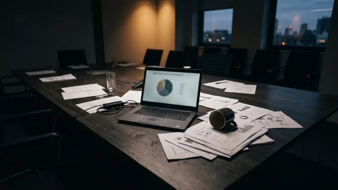 Abandoned AI project room showing dormant dashboards and idle monitors — a visual of enterprise AI pilots that stalled at proof-of-concept stage