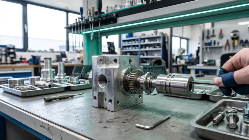 Precision machined components being assembled on a workshop bench — representing the Intelligence-First methodology as engineered system rather than AI experiment