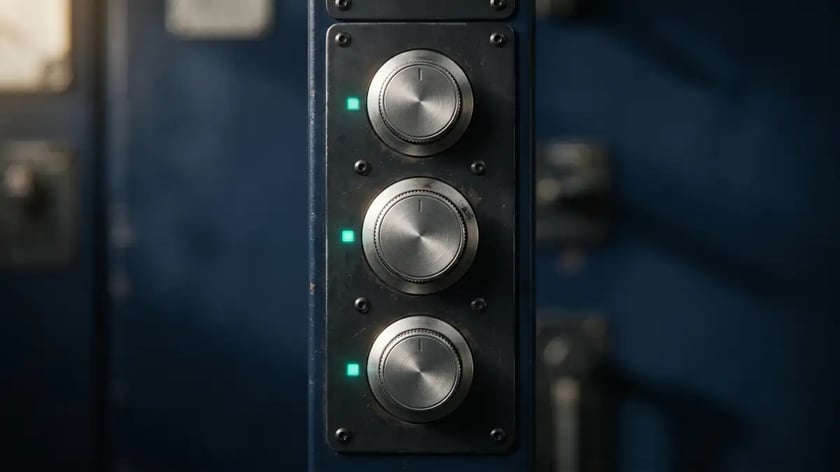 Calibration dials with teal LED indicators representing continuous governance and measurement monitoring of AI systems