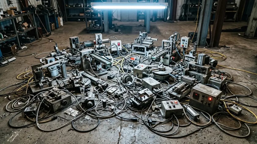 Scattered disconnected mechanical widgets with tangled wires representing automation debt — the fragmentation that task-only automation creates when scaled without orchestration governance