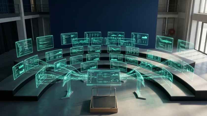 Symphony orchestra rendered as high-tech holographic panels with a central conductor's dashboard — the metaphor for orchestrated multi-agent systems harmonising toward unified business outcomes