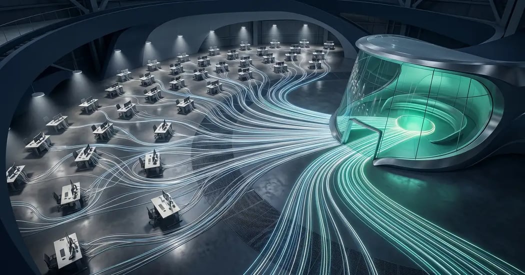 Conductor raising baton before a half-assembled modular control room — visual metaphor for B2B AI orchestration coordinating autonomous agents across a workflow stack.